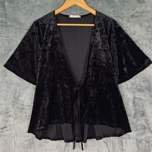 Womens Cardigan Small Black Crushed Velvet Tie Front Whimsigoth Witchy Grunge
